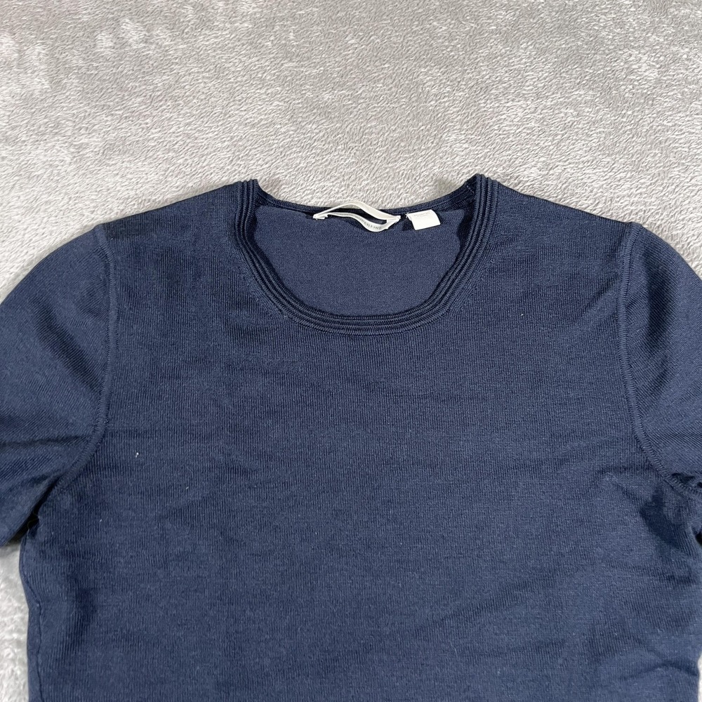 BOSS‎ Sweater Womens Medium Navy Blue Merino Superfine Pleated Hem Short Sleeve
